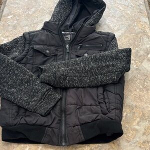 Kids Quilted Hooded Puffer Jacket in Black with Knit Sleeves
